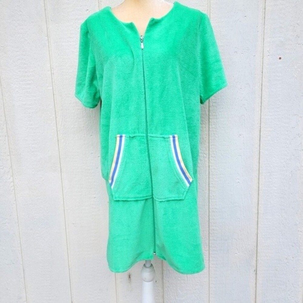 Stan Herman  zip front green terry house coat house dress size PL